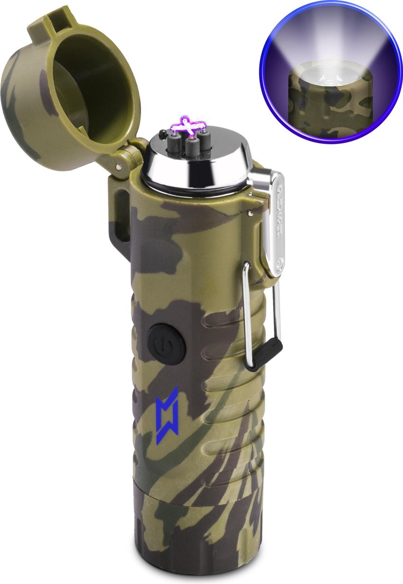 Superlit Plasma Aansteker – Elektrische Stormaansteker - Waterdicht met Militaire Zaklamp -  Survival Camo