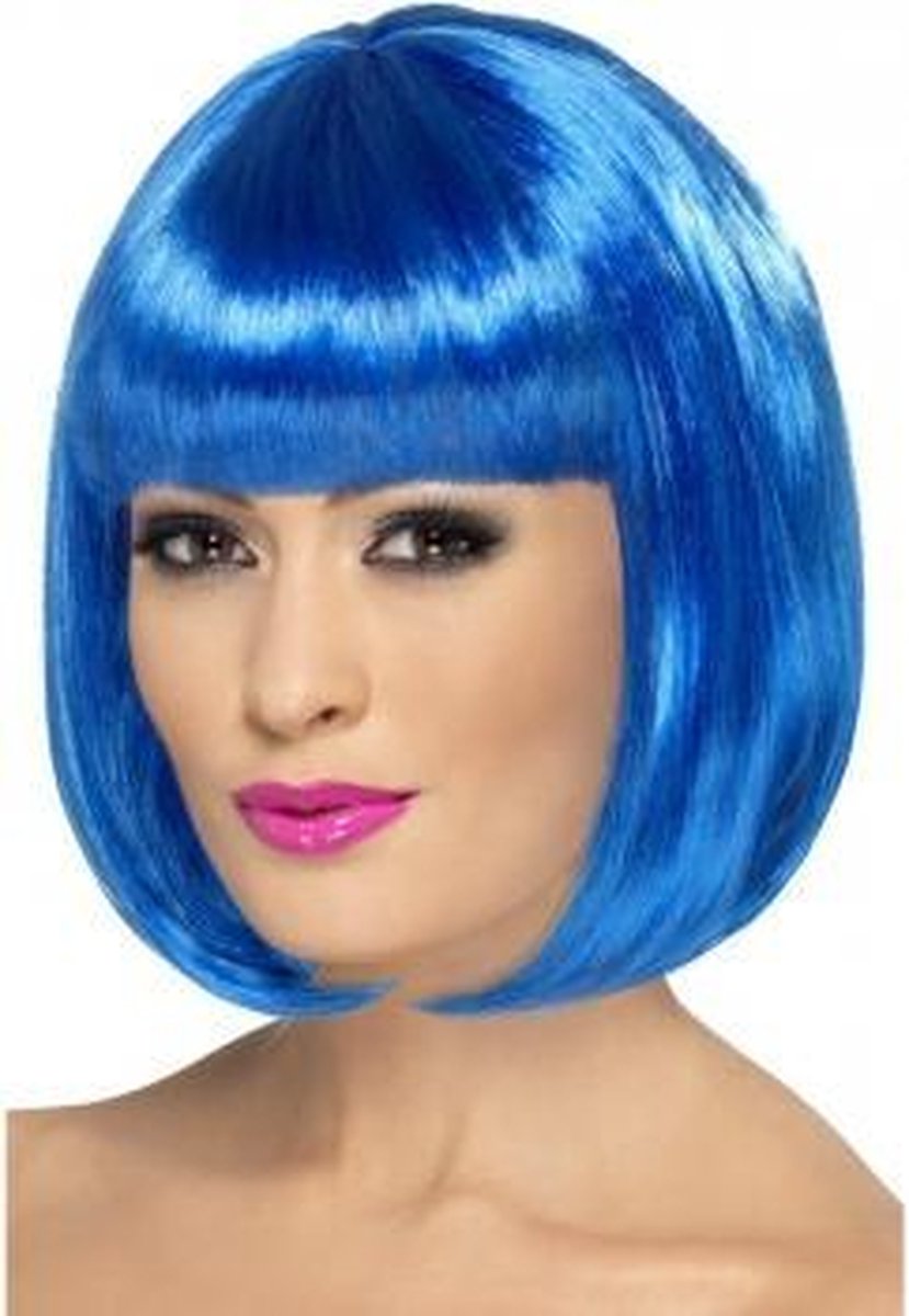 Blauwe korte damespruik met pony