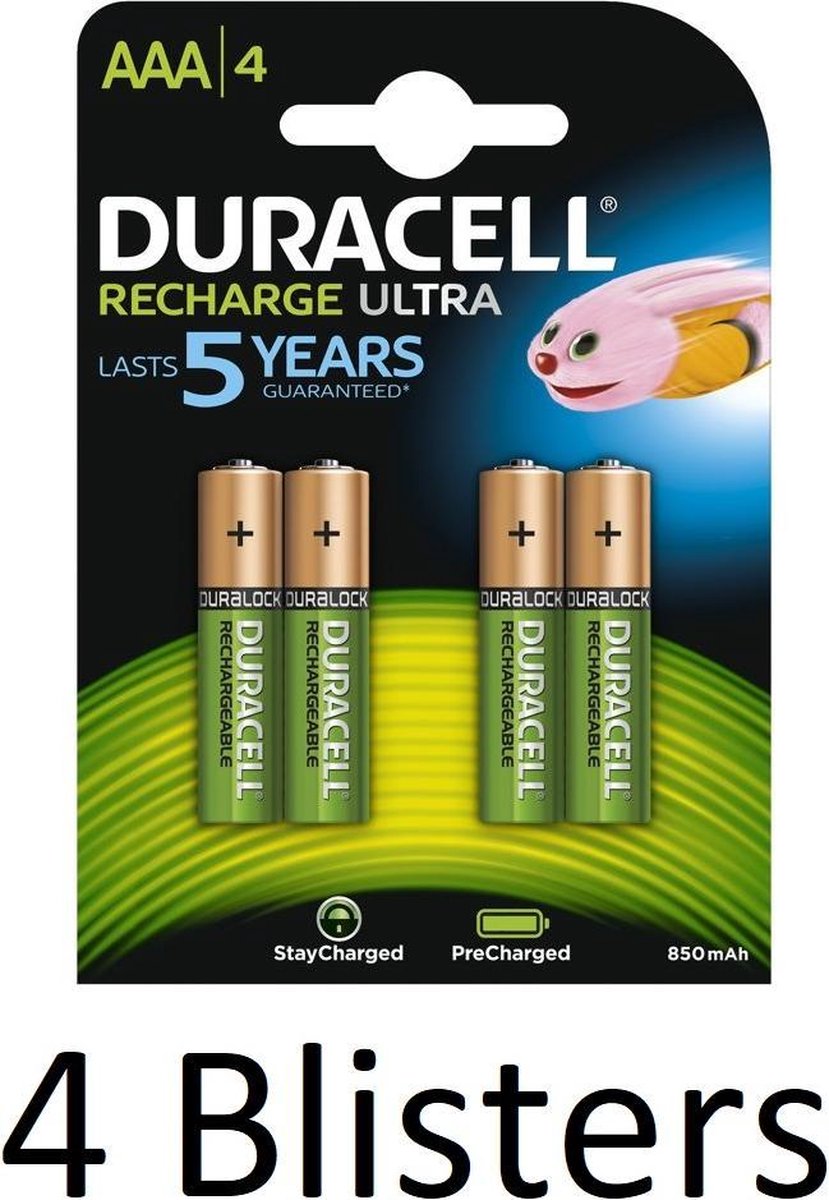 16 Stuks (4 Blisters a 4 st) Duracell AAA Oplaadbare Batterijen - 800 mAh