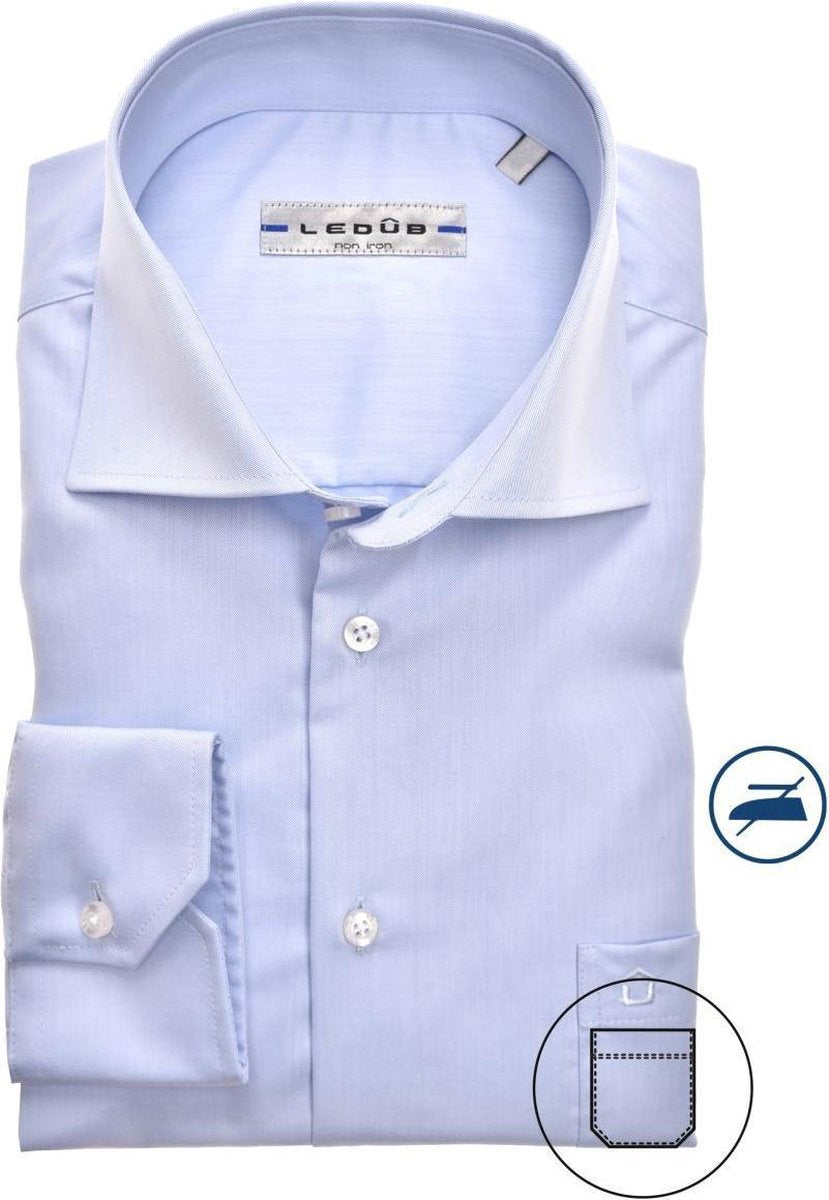 Ledub Modern Fit overhemd - lichtblauw twill - Strijkvrij - Boordmaat: 47