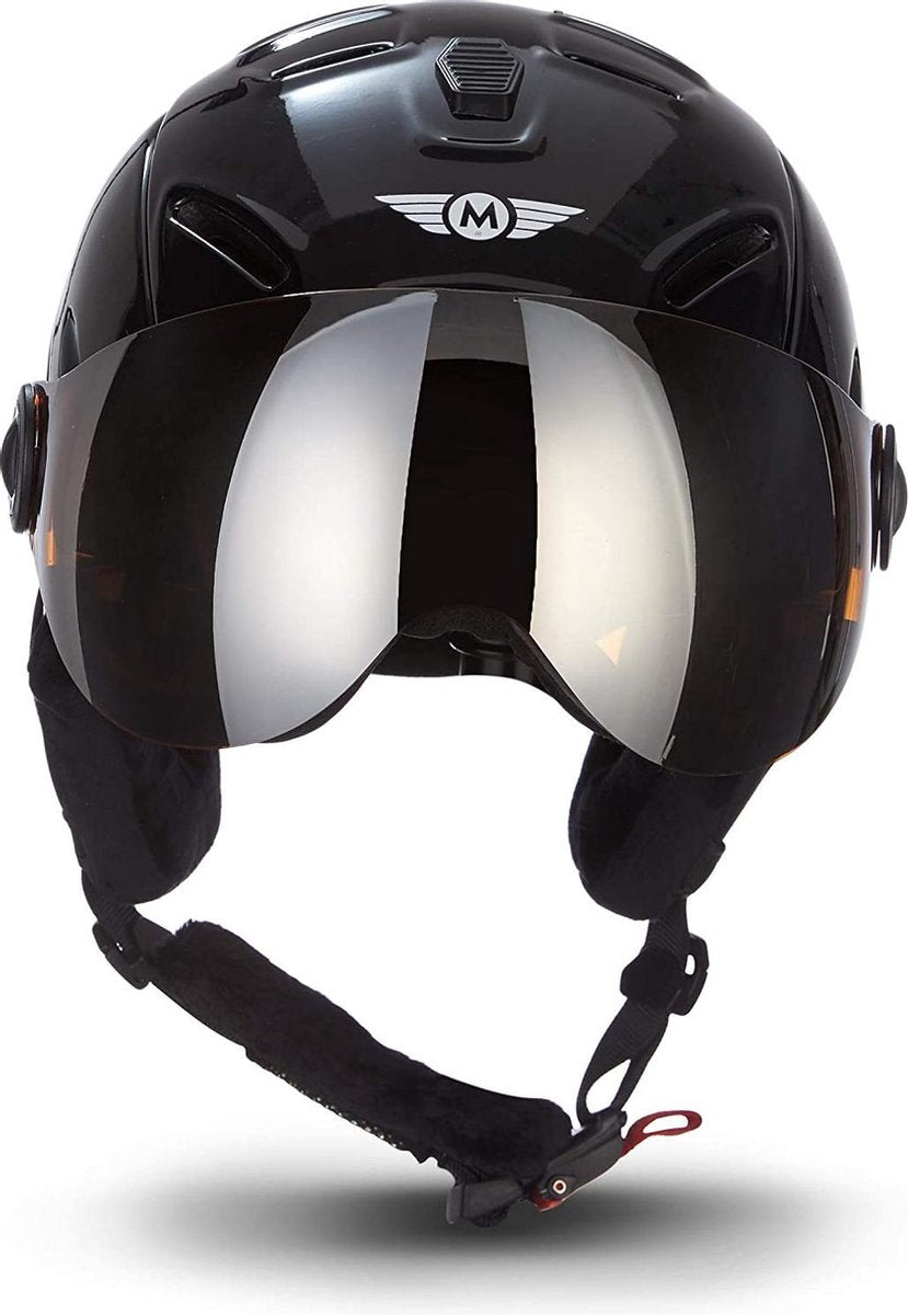 Skihelm glans zwart dames heren met vizier L hoofdomtrek 59-60cm