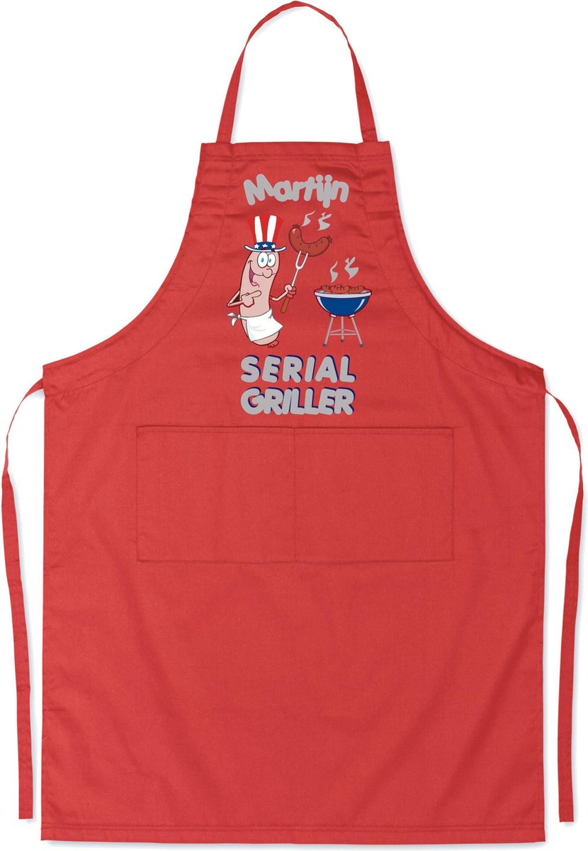 Mijncadeautje - Luxe keukenschort - Serial Griller BBQ - met voornaam - Rood