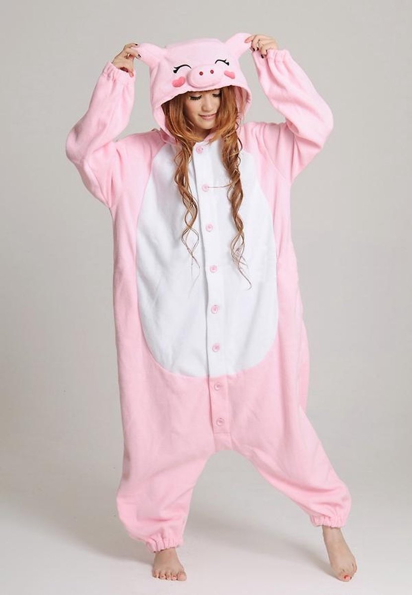 KIMU Onesie varken kinder pakje roze varkentje kostuum - maat 110-116 - varkenspakje jumpsuit pyjama