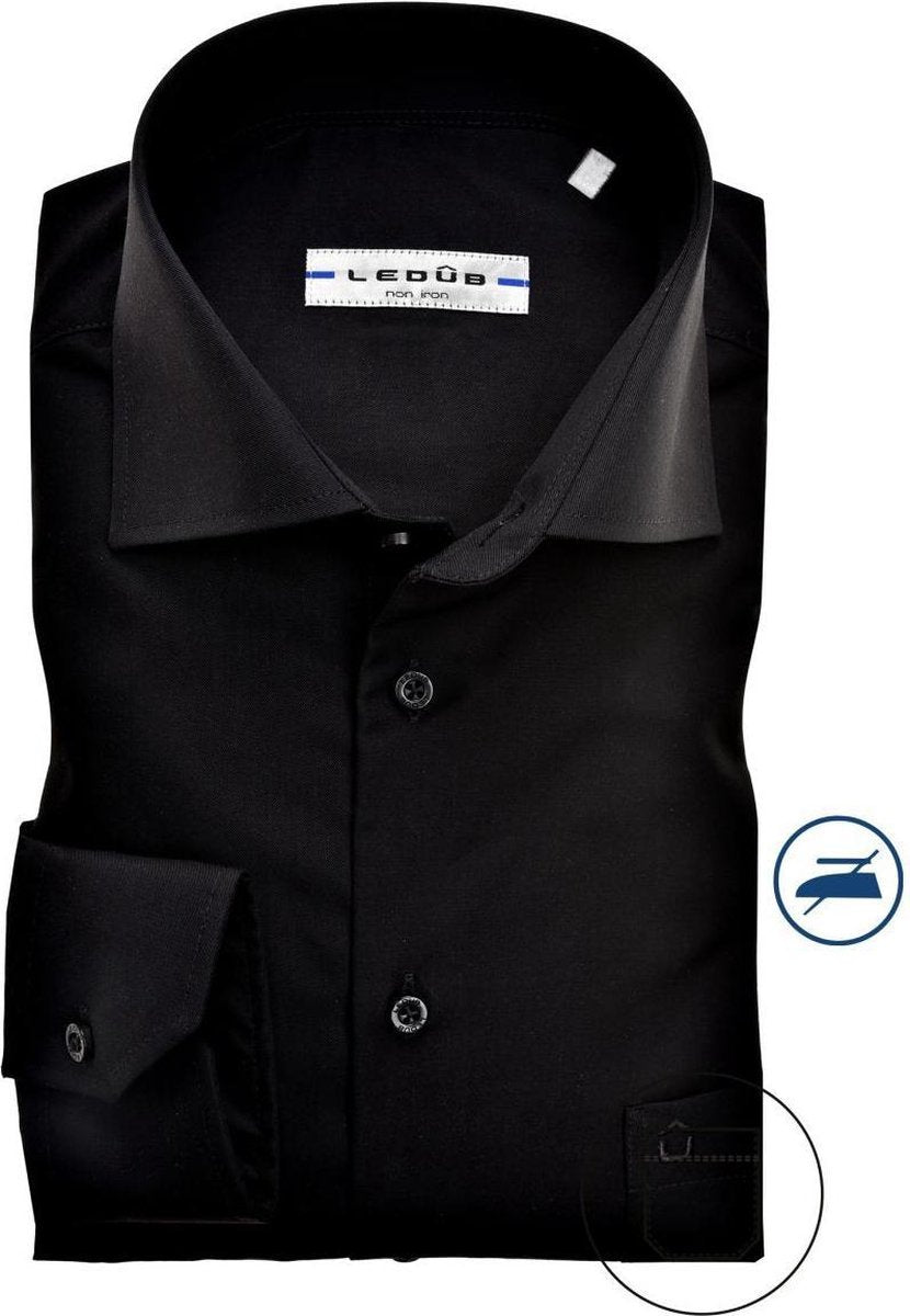 Ledub Modern Fit overhemd - zwart twill - Strijkvrij - Boordmaat: 47