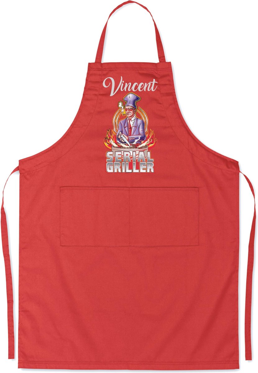 Mijncadeautje - Luxe keukenschort - Serial Griller man - met voornaam - Rood