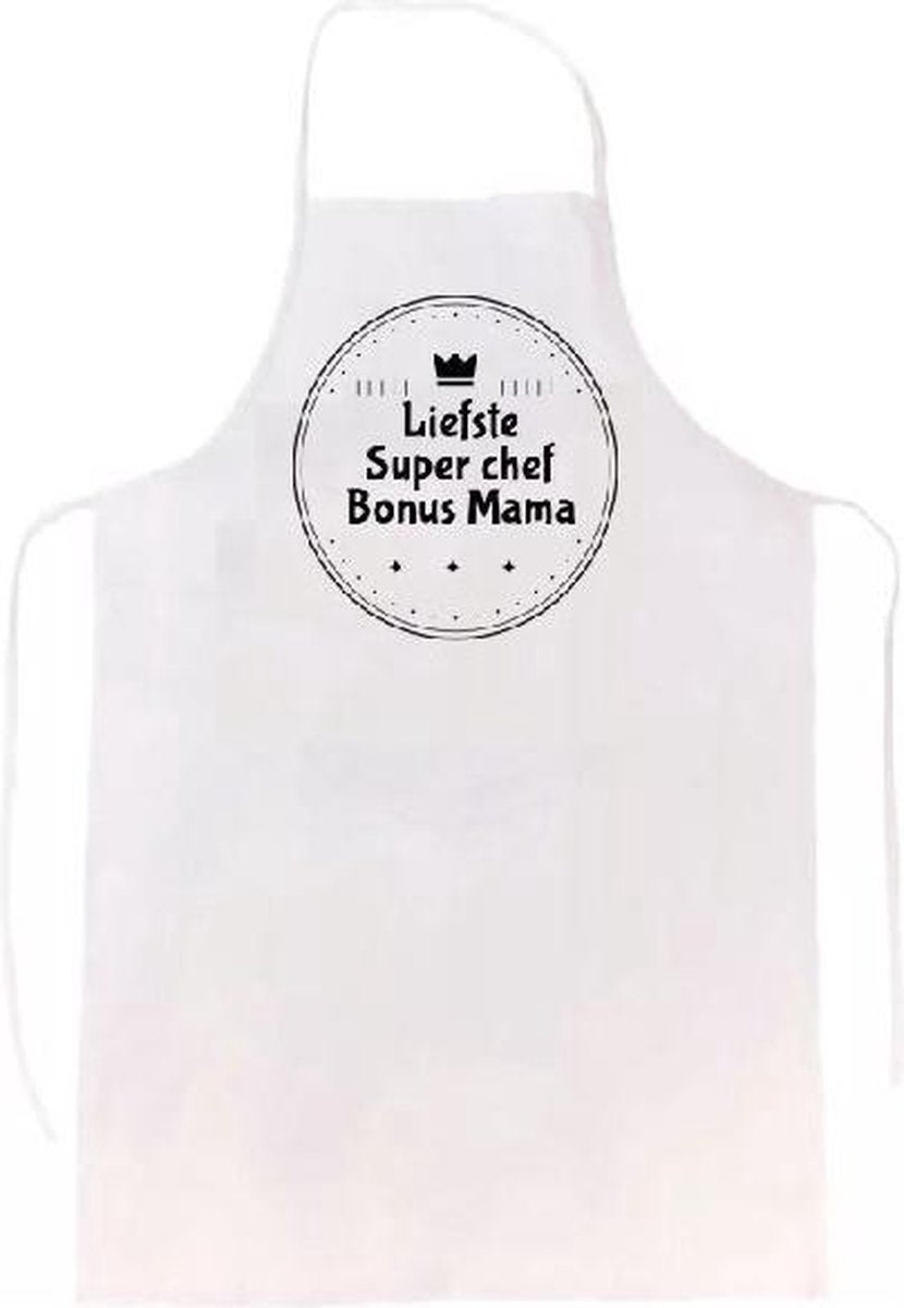 Liefste super chef bonus mama keukenschort | verassing - feestdag - verjaardag - geschenk - gift - kado - cadeau - barbeque - barbecue - chefkok - keuken - schort - eten - bbq - vlees - familie