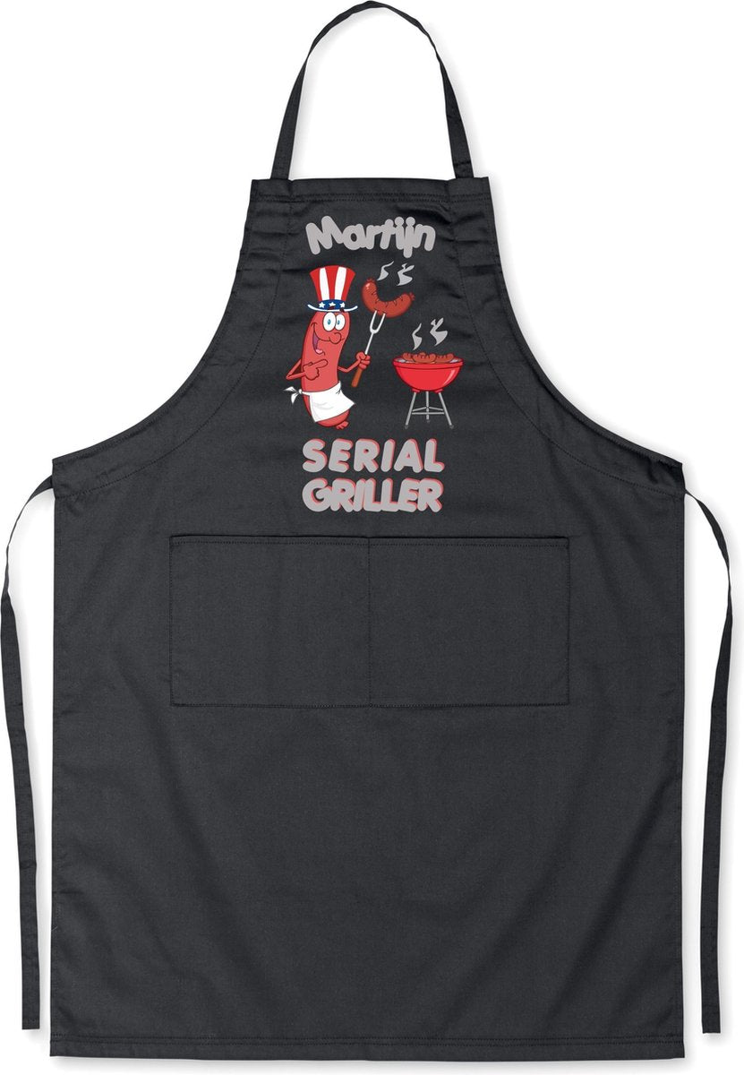 Mijncadeautje - Luxe keukenschort - Serial Griller BBQ - met voornaam - Zwart