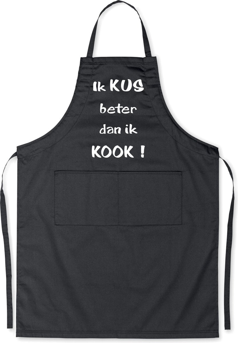 Mijncadeautje Schort -Ik kus beter dan ik kook - Mooie - grappige - leuke Keukenschort - Zwart