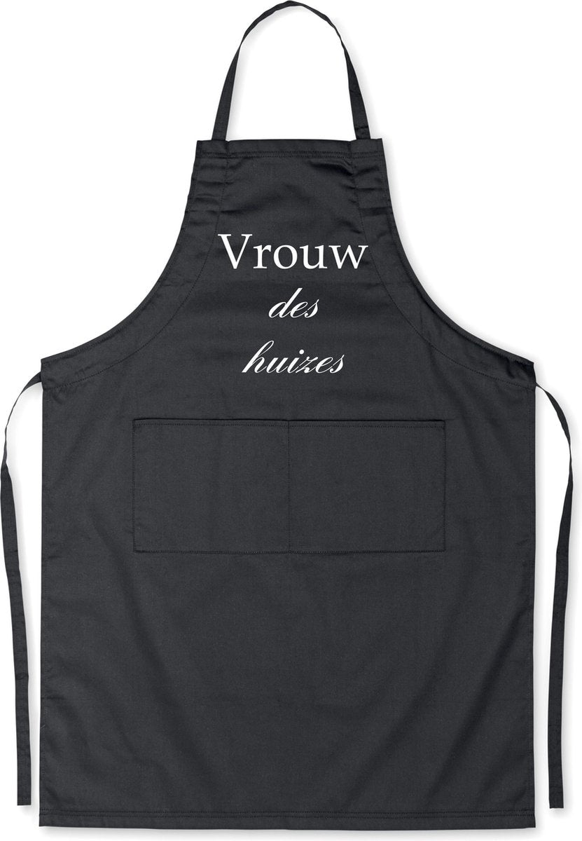 Vrouw des Huizes - Luxe Schort Keukenschort met tekst - Zwart