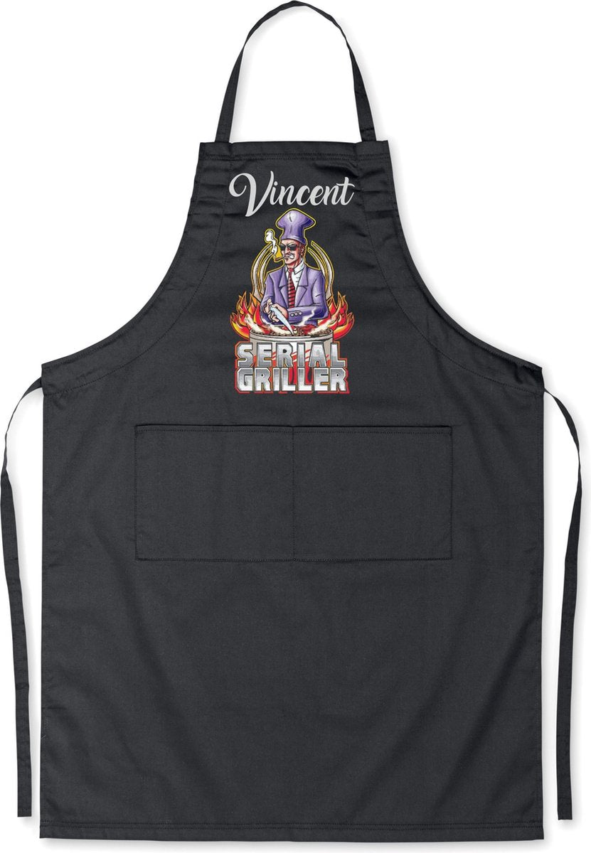 Mijncadeautje - Luxe keukenschort - Serial Griller man - met voornaam - Zwart