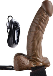 Vibrating Hollow Strap-On with Balls - 7 Inch - Brown - Strap On Vibrators - Hollow Strap-Ons