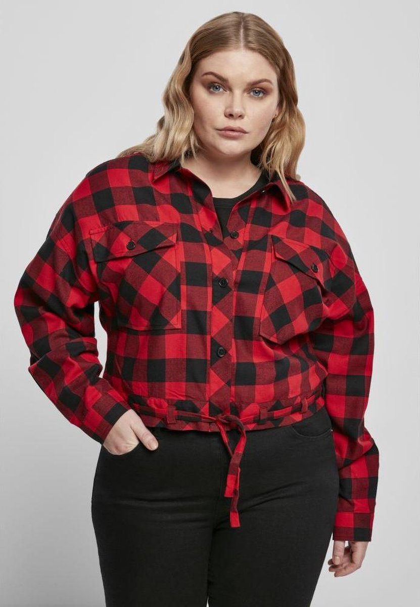 Urban Classics Blouse -M- Short Oversized Check Zwart/Rood
