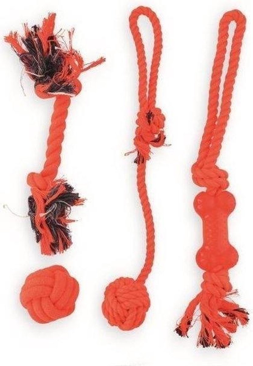 Hondenspeelgoed set van 4 stuks Rood | Flostouw | Trektouw | Speelbal | Knuffel | Geschikt voor alle honden | Puppy | Kleine hond | Grote hond | Speelgoed hondje | Hondenspeeltjes intelligentie | Honden speelgoed interactief | AAA Kwaliteit |