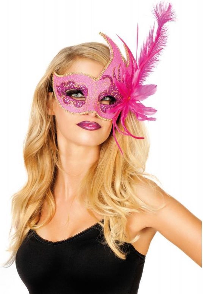 Venetiaans masker met 2 punten neon-pink
