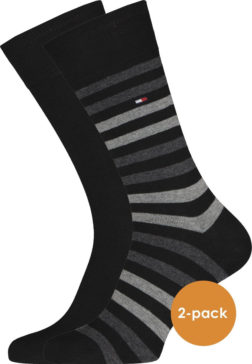 Tommy Hilfiger Duo Stripe Socks (2-pack) - herensokken katoen - gestreept en uni - zwart met grijs -  Maat: 39-42
