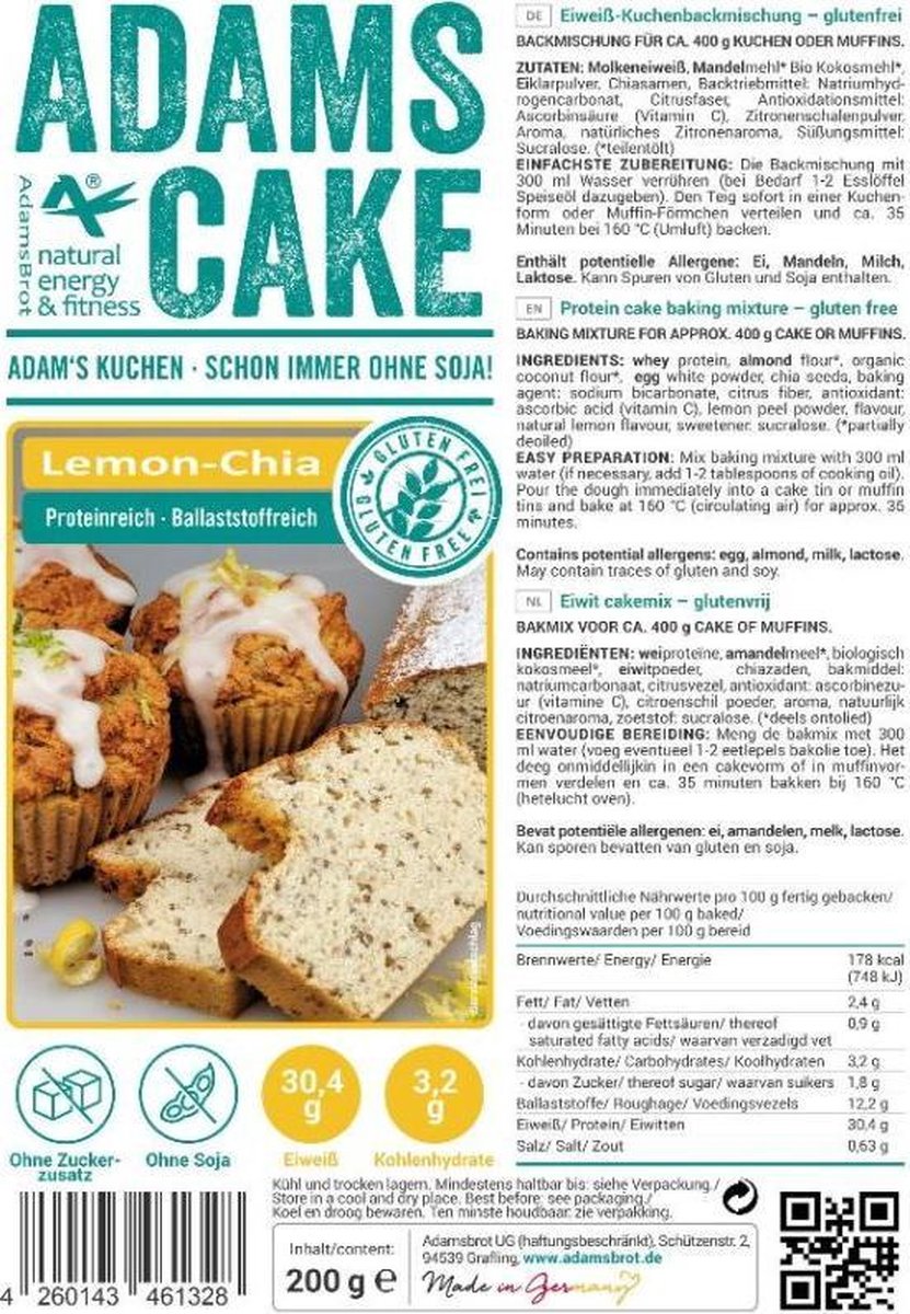 Adams Cake | Lemon Chia | 1 x 200 gram  | Koolhydraatarm eten doe je zó!