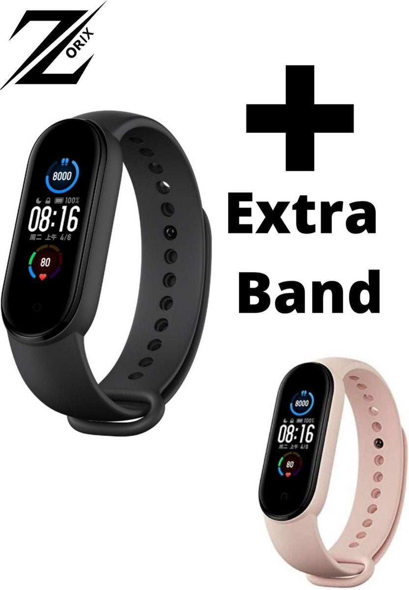 ZORIX® - M5 Stappenteller -Smartwatch- Activity Tracker - Bloeddrukmeter - Hartslagmeter - Horloge - Zwart + ROZE BAND