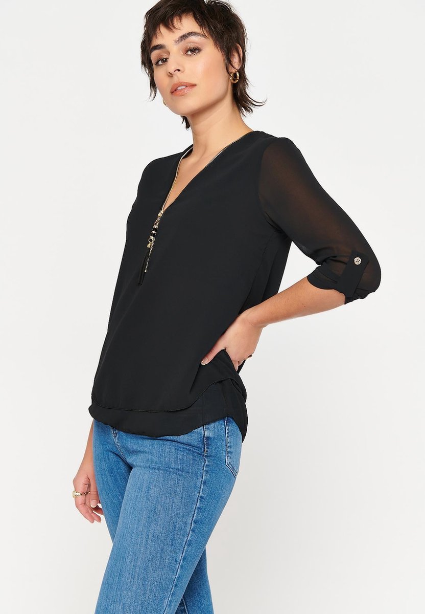 Blouse met driekwartsmouw en rits - Zwart