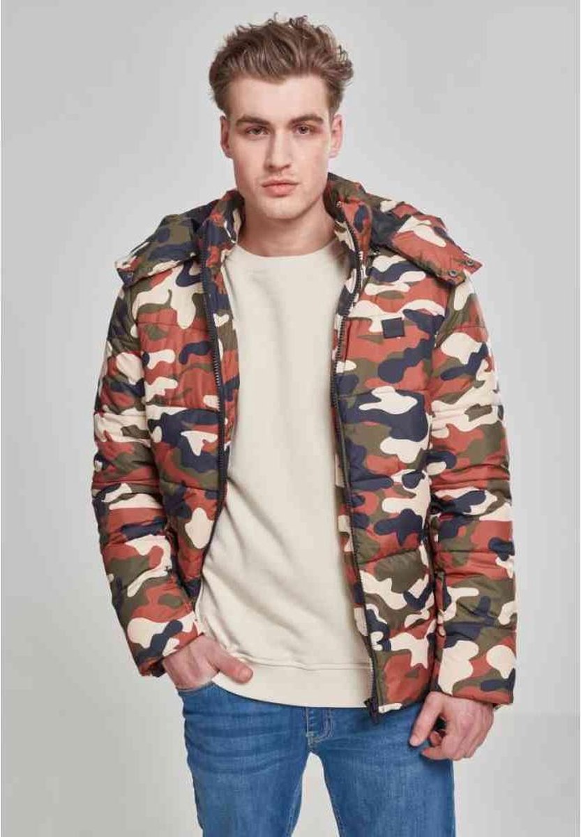Urban Classics Winterjas -L- Hooded Camo Puffer Groen