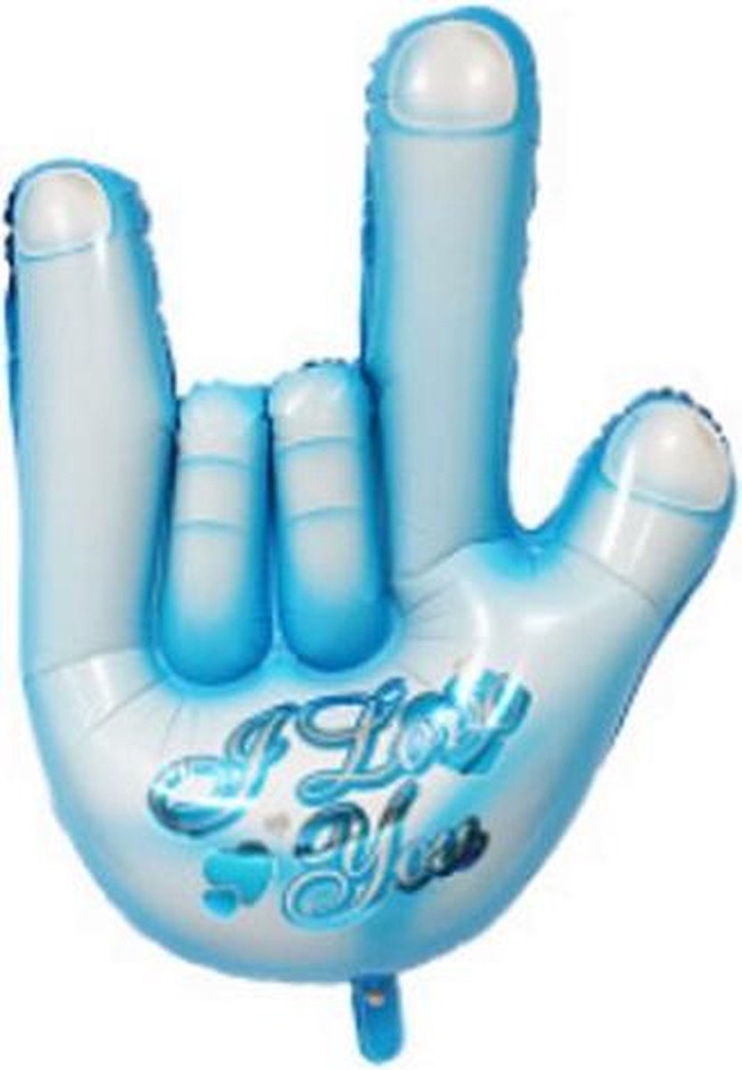 Folie ballon blauw als hand met tekst i love you 110*58 cm