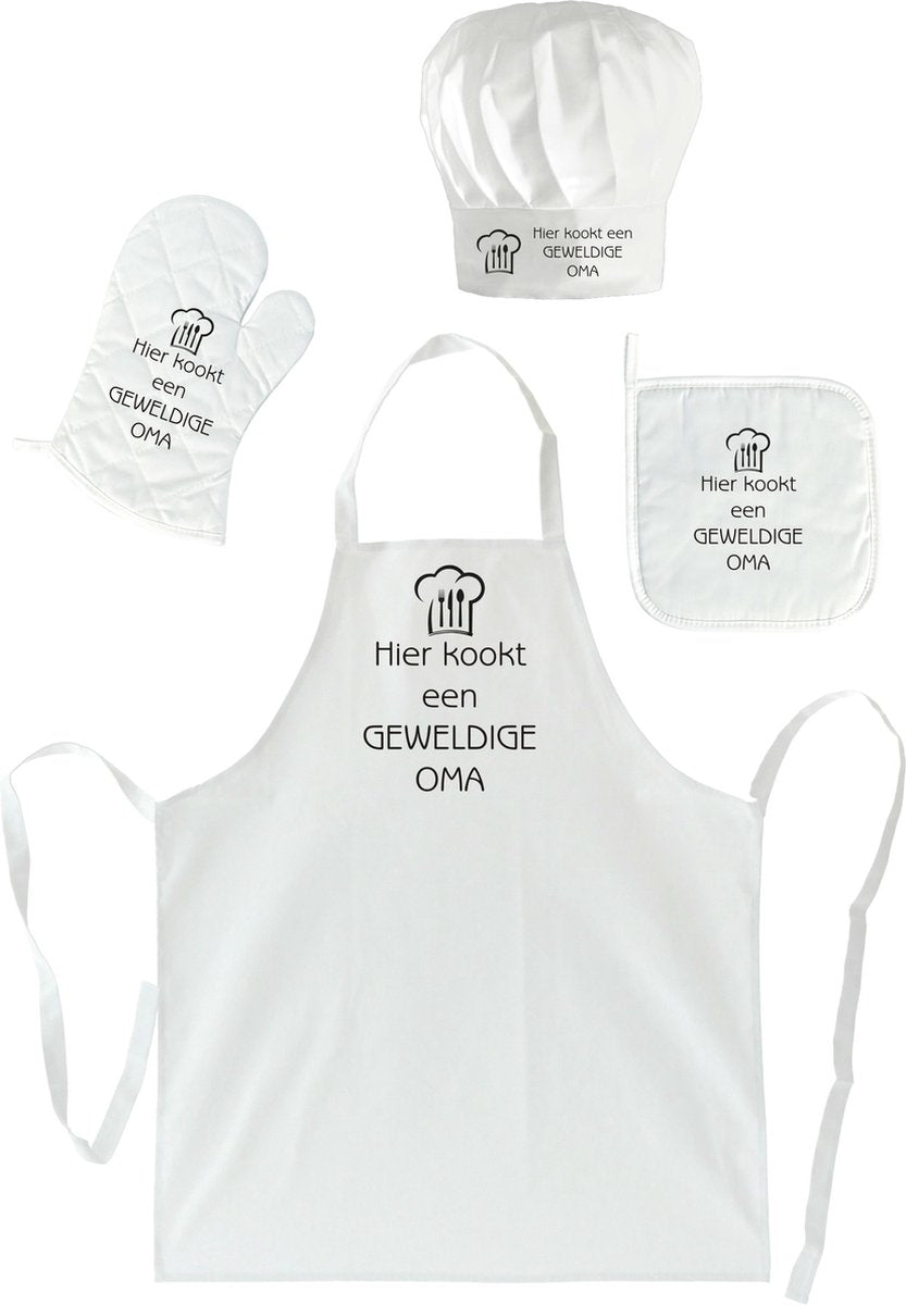 mijncadeautje - Cadeauset "Brasserie" - 4 delig - Schort + Ovenwant + Pannenlap + Koksmuts - Geweldige Oma - wit