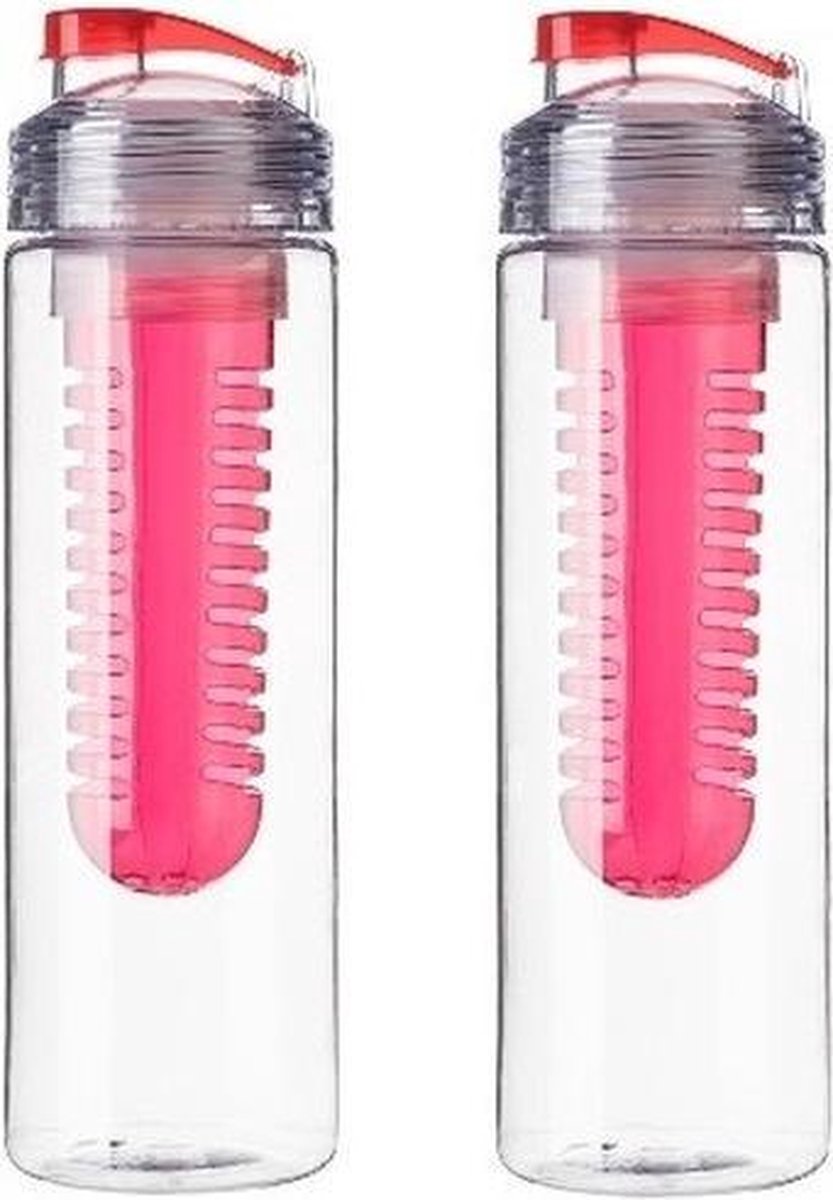 2x Drinkflessen/waterflessen met fruitfilter rood 650 ml - Fruit infuser - Fruitwater flessen transparant/rood