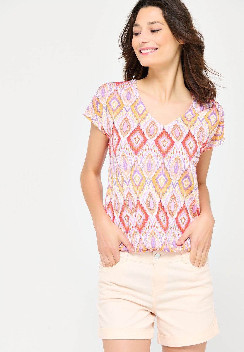 T-shirt met kleurrijke print - Koraal