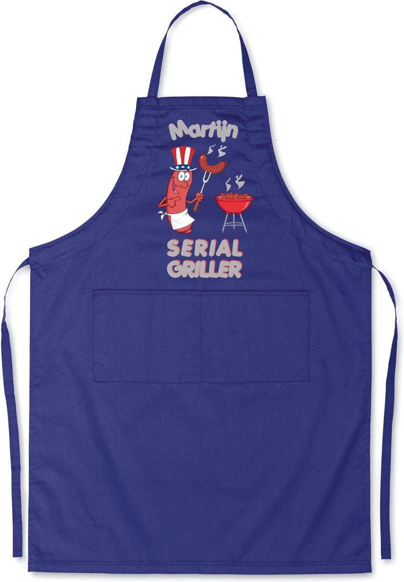 Mijncadeautje - Luxe keukenschort - Serial Griller BBQ - met voornaam - Blauw