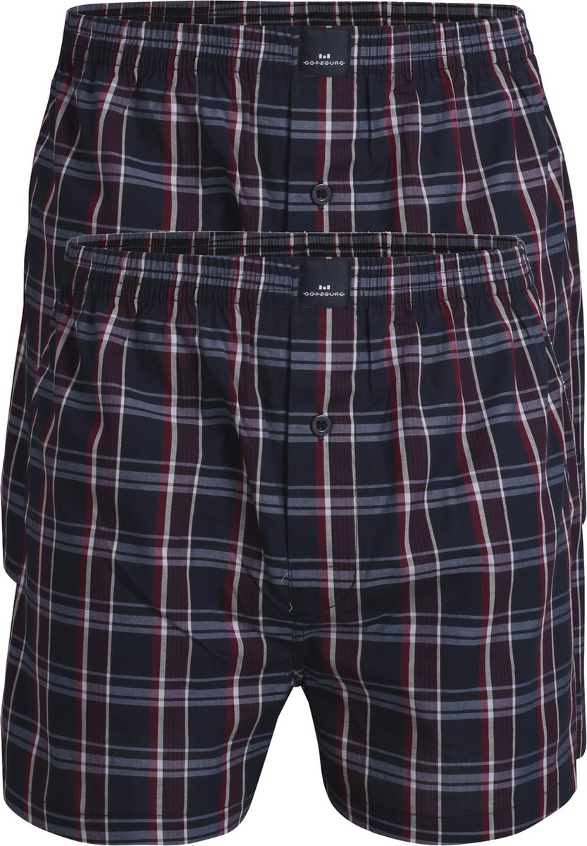 Gotzburg boxershorts geweven (2-pack) - heren boxers katoen wijd model - blauw met donkerrood en wit geruit -  Maat: L