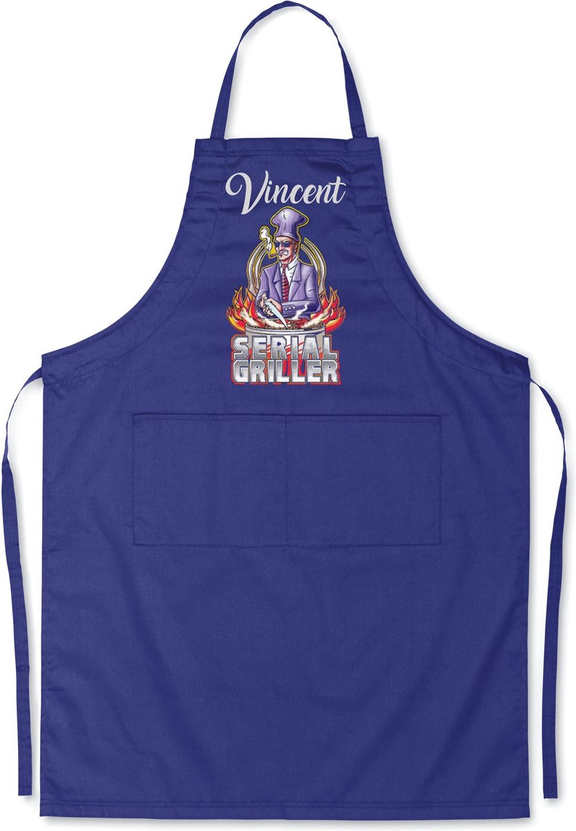 Mijncadeautje - Luxe keukenschort - Serial Griller man - met voornaam - Blauw
