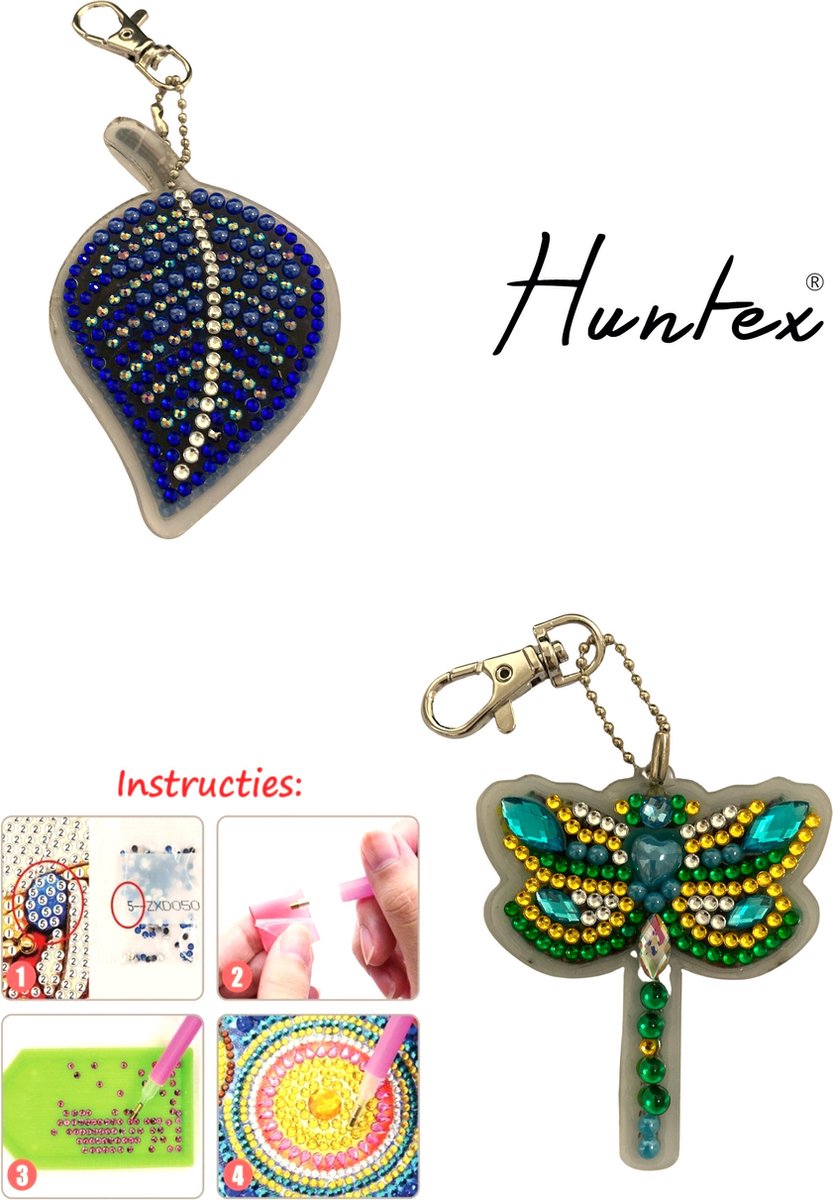 Huntex Diamond Painting Sleutelhanger Set - Blad/Libelle - Accessoires - pen - Kinderen - Pakket Volwassenen - Pakket Full - Pakket Volledig - Accesoires - Dieren
