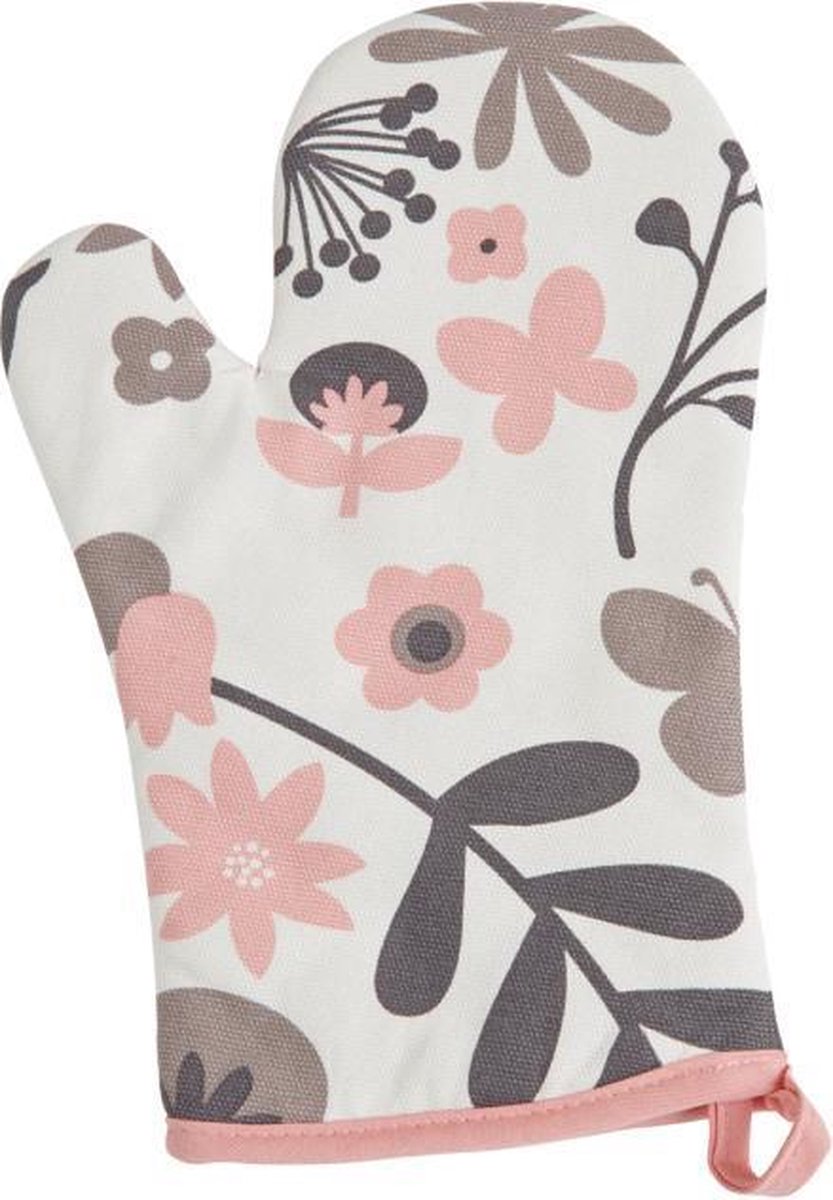Ovenwant met bloemen - 18x28 cm - met lus - Wit met roze