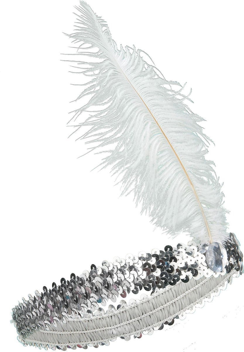 WELLY INTERNATIONAL - Zilverkleurige Charleston hoofdband met lovertjes en veer - Accessoires > Haar accessoire