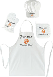 mijncadeautje - Cadeauset "Brasserie" - 4 delig - Schort + Ovenwant + Pannenlap + Koksmuts - Masterchef met voornaam - wit