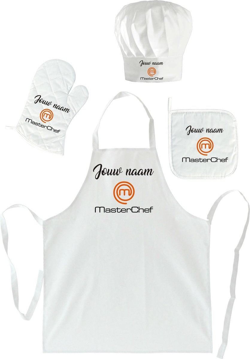 mijncadeautje - Cadeauset "Brasserie" - 4 delig - Schort + Ovenwant + Pannenlap + Koksmuts - Masterchef met voornaam - wit