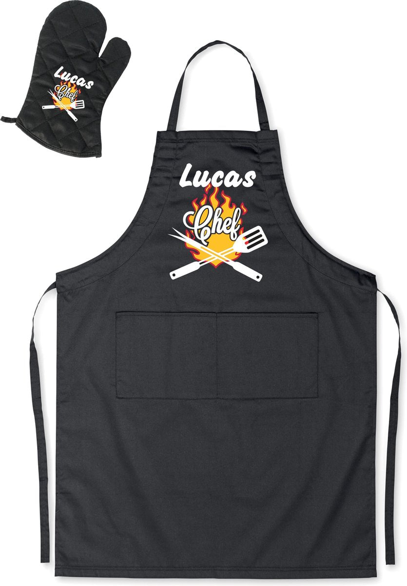 Mijncadeautje - BBQ-schort - Chef met voornaam - zwart - XXL 97 x 68 cm - gratis Barbecue handschoen