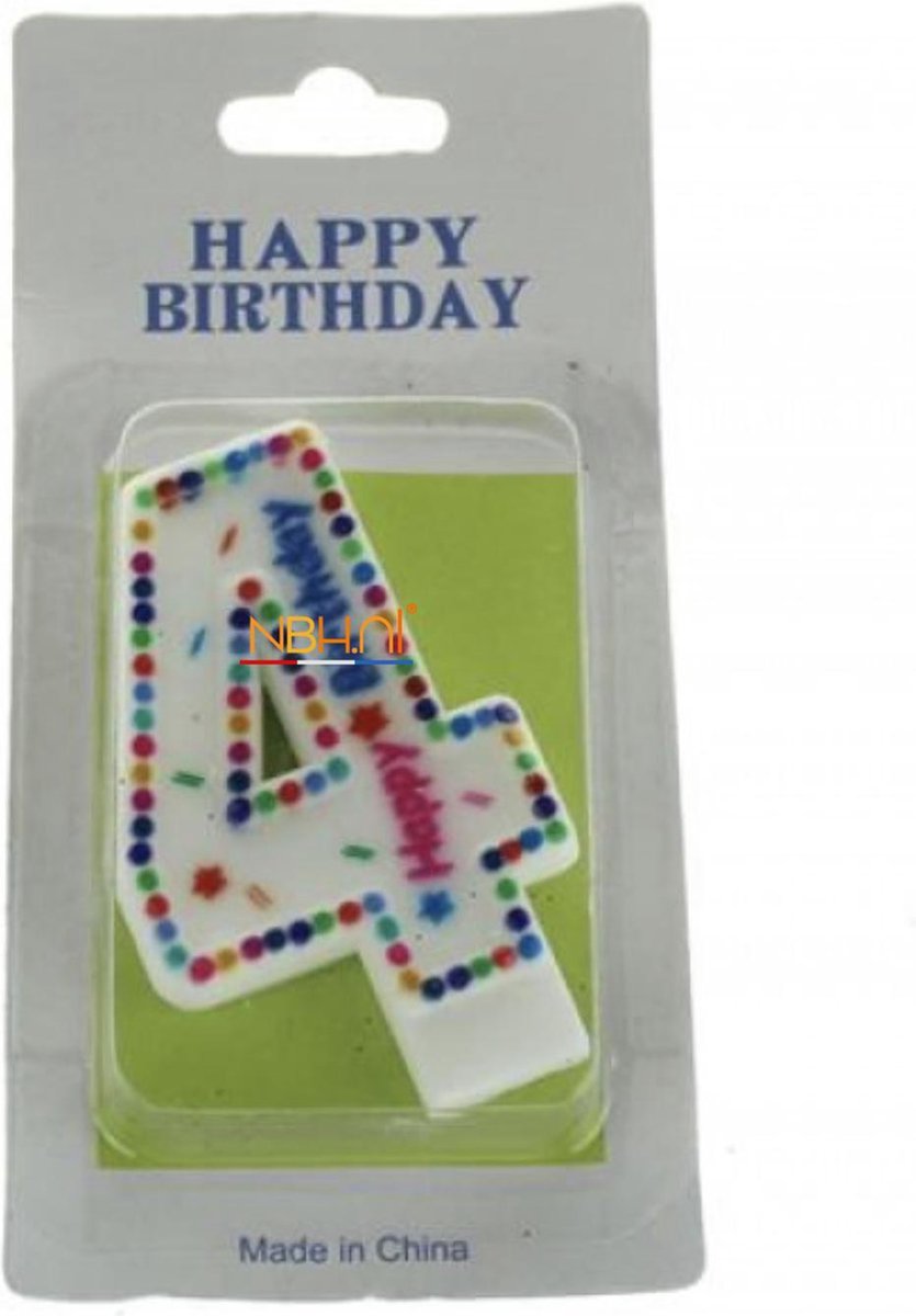 Taartkaars - cijfer 4 - Happy Birthday - Verjaardag kaars