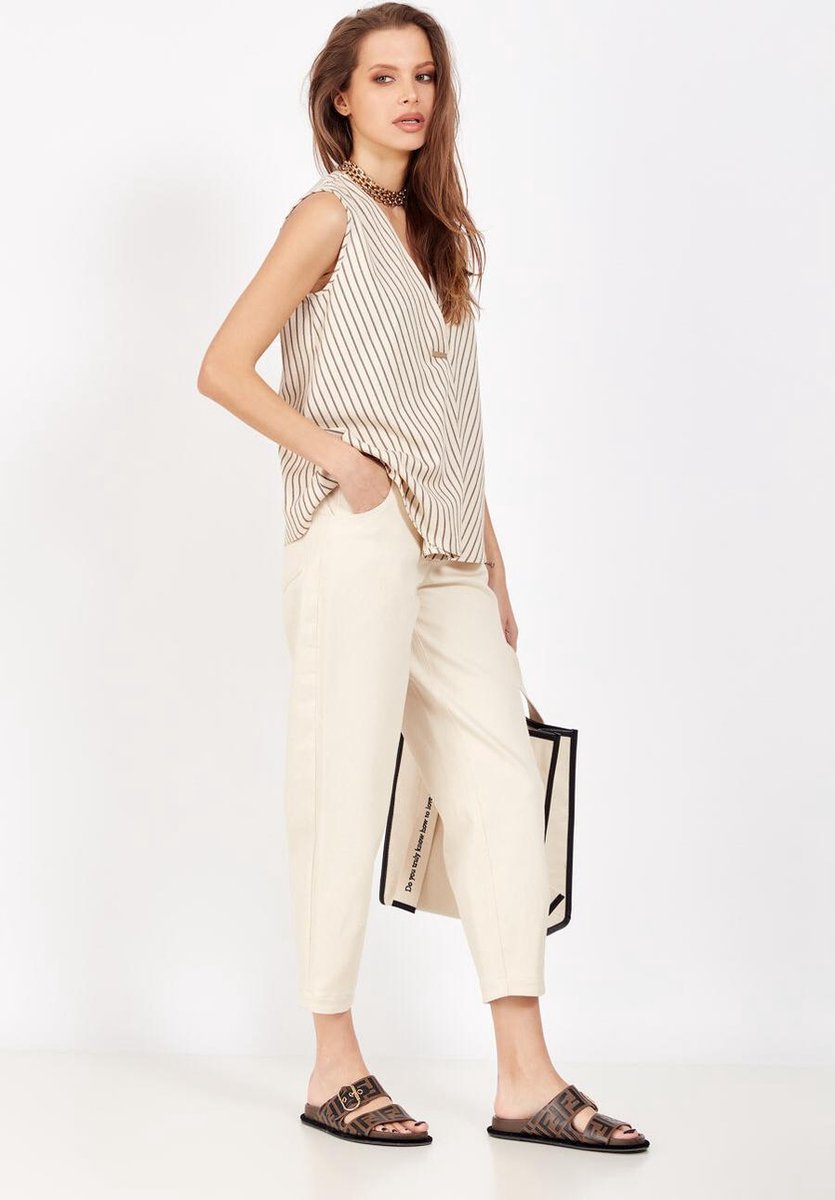 Lakbi- Dames gestreepte beige blouse zonder mouwen- katoen en linnen- Maat L