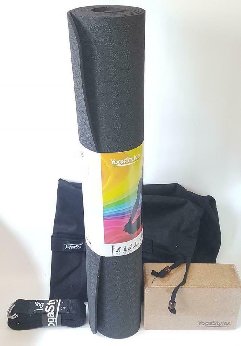 Yoga Starterspakket XL zwart - beginnersset : zwarte XL TPE yogamat + yogablok + yogariem + grote yogamattas