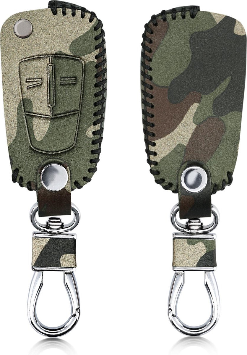 kwmobile autosleutelhoes voor Opel Vauxhall 2-knops inklapbare autosleutel - Hoesje van imitatieleer in donkergroen / donkerbruin / beige - Camouflage design