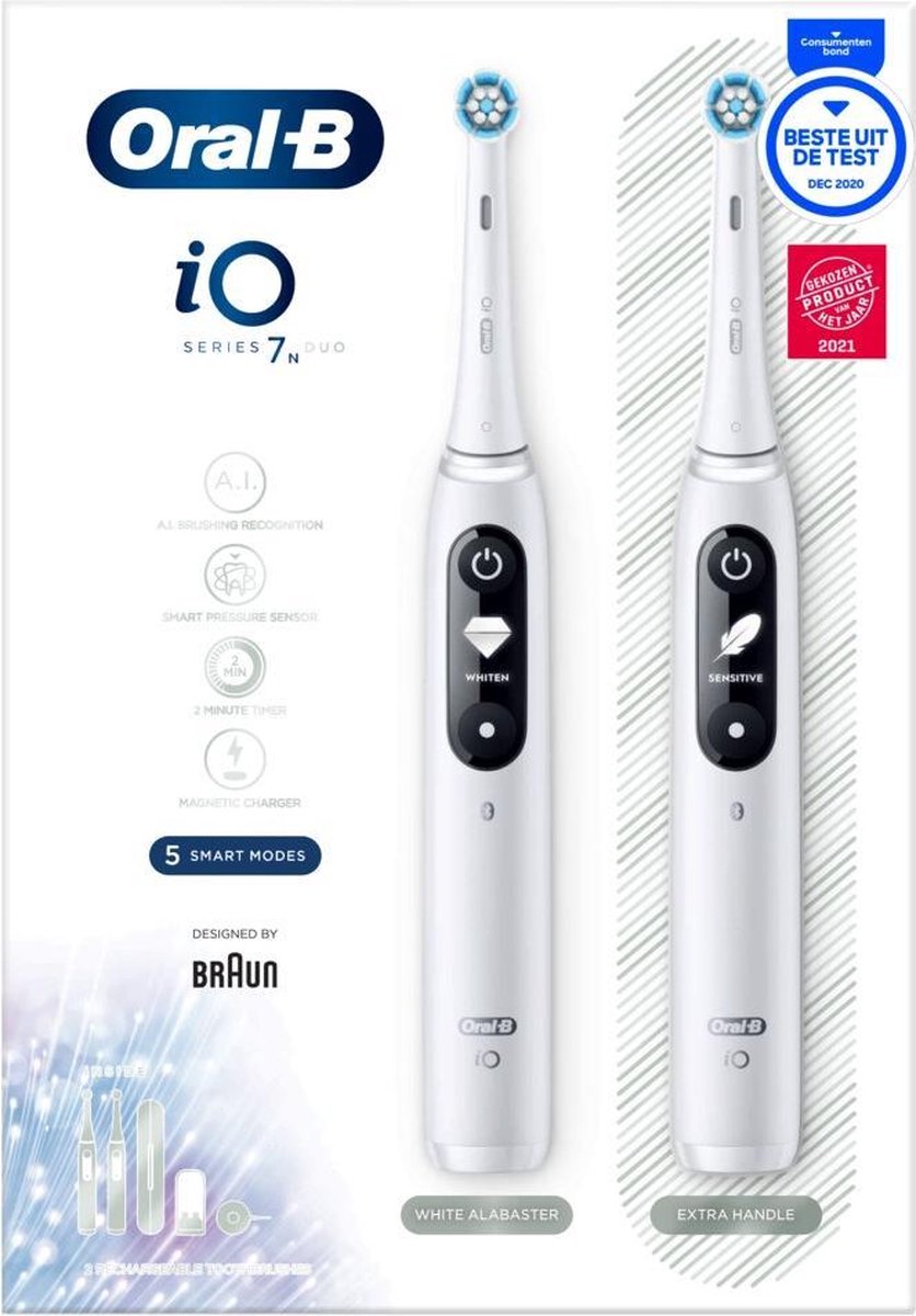 Oral-B iO 7n - Elektrische Tandenborstels met revolutionaire magnetische technologie Powered By Braun - Duopack - Wit