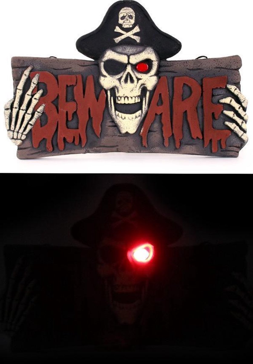Bord BEWARE met piraat skelet met licht