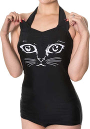 Night Whispers katten halternek badpak met oortjes zwart - Emo Gothic - S - Banned
