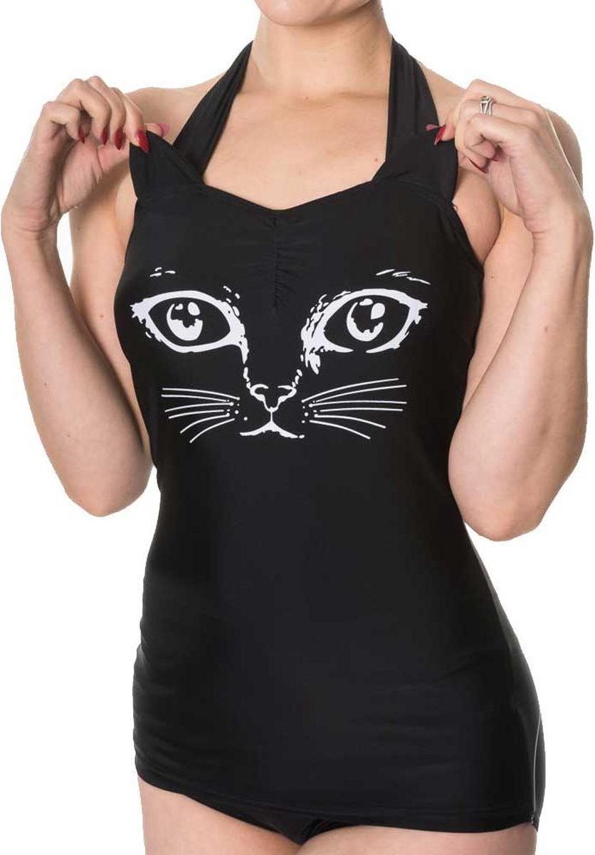 Night Whispers katten halternek badpak met oortjes zwart - Emo Gothic - S - Banned