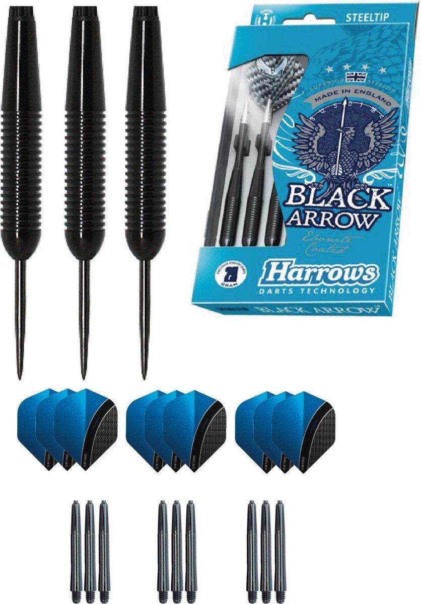 Harrows - Black Arrow Ringed  Brass darts met 9 - dartshafts - en 9 - dartflights - 22 gram - dartpijlen