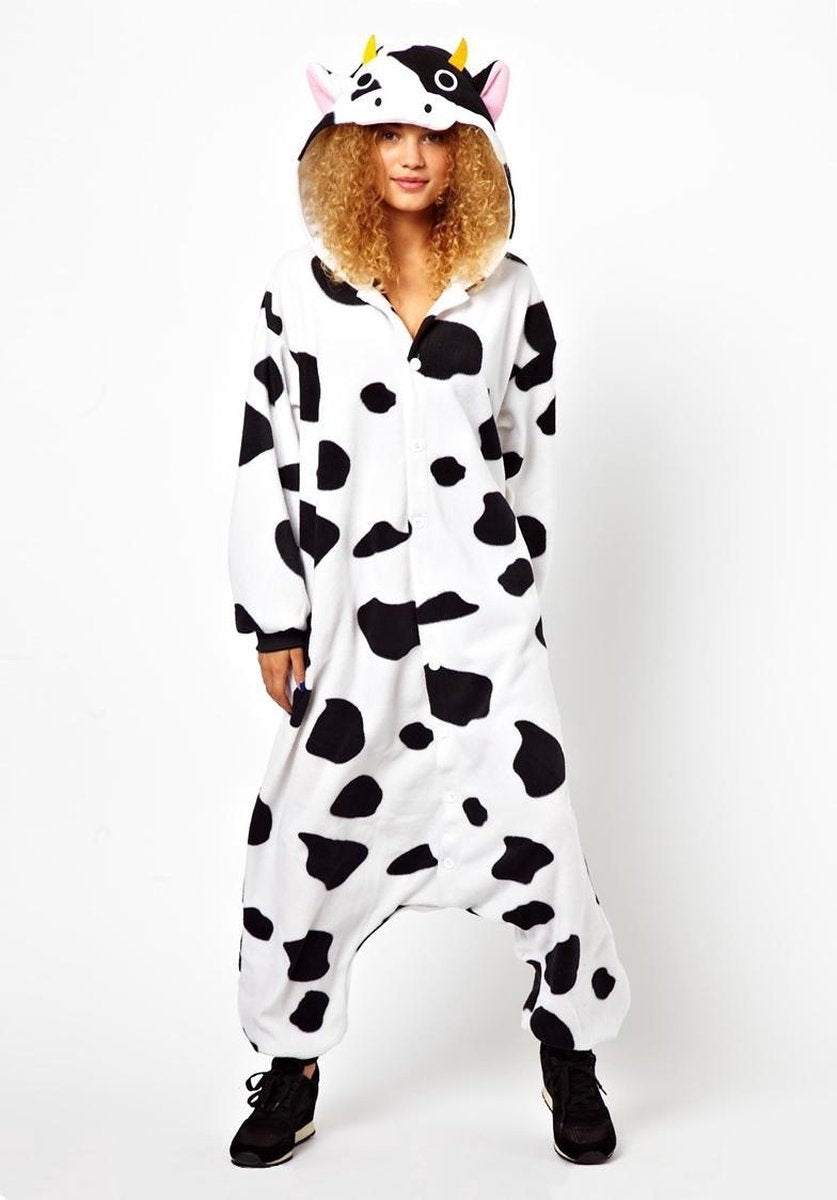 KIMU Onesie koe pak zwart wit gevlekt kostuum - maat M-L - koeienpak jumpsuit huispak