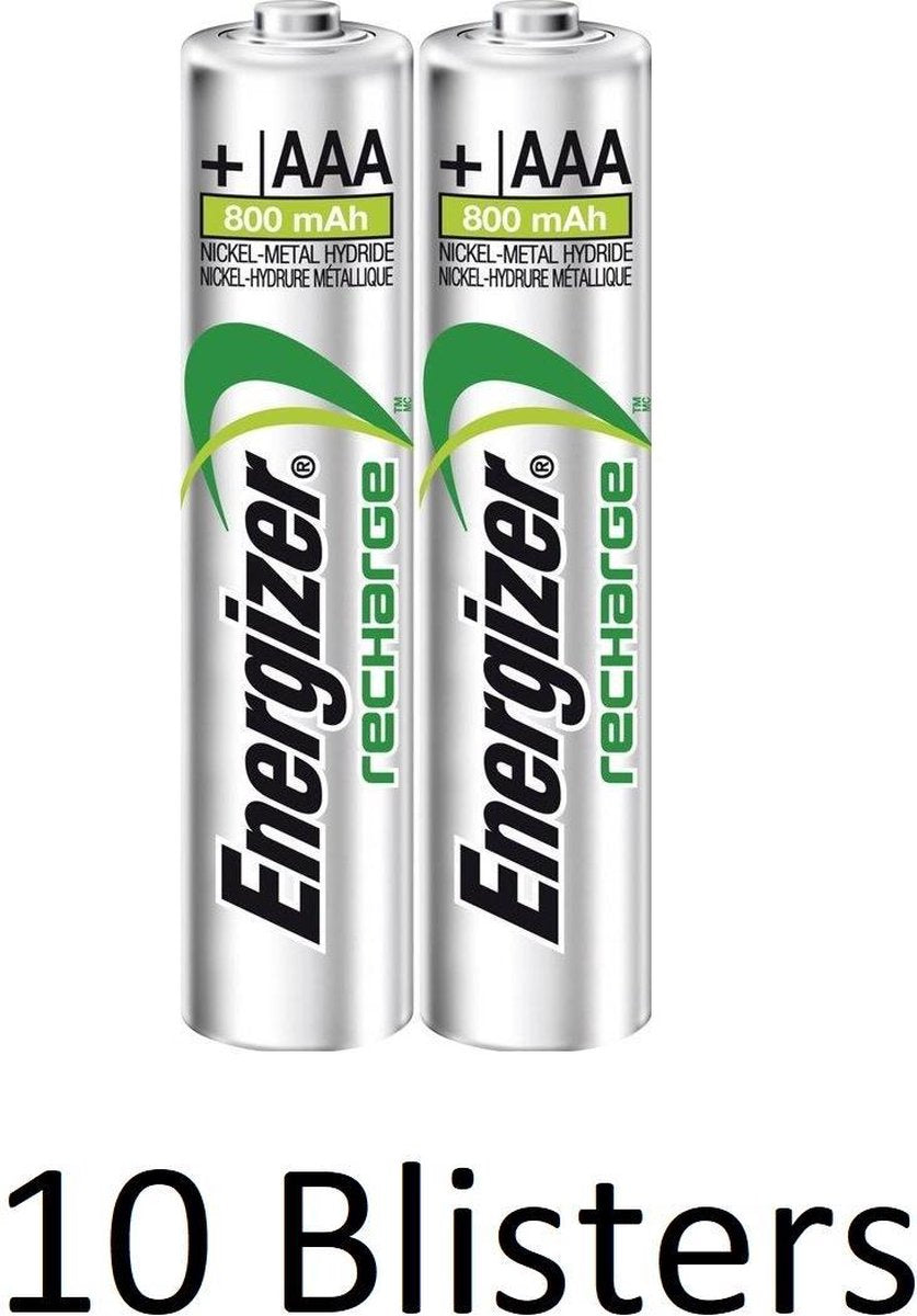 20 Stuks (10 Blisters a 2 st) Energizer Recharge AAA Batterijen - 800mAh