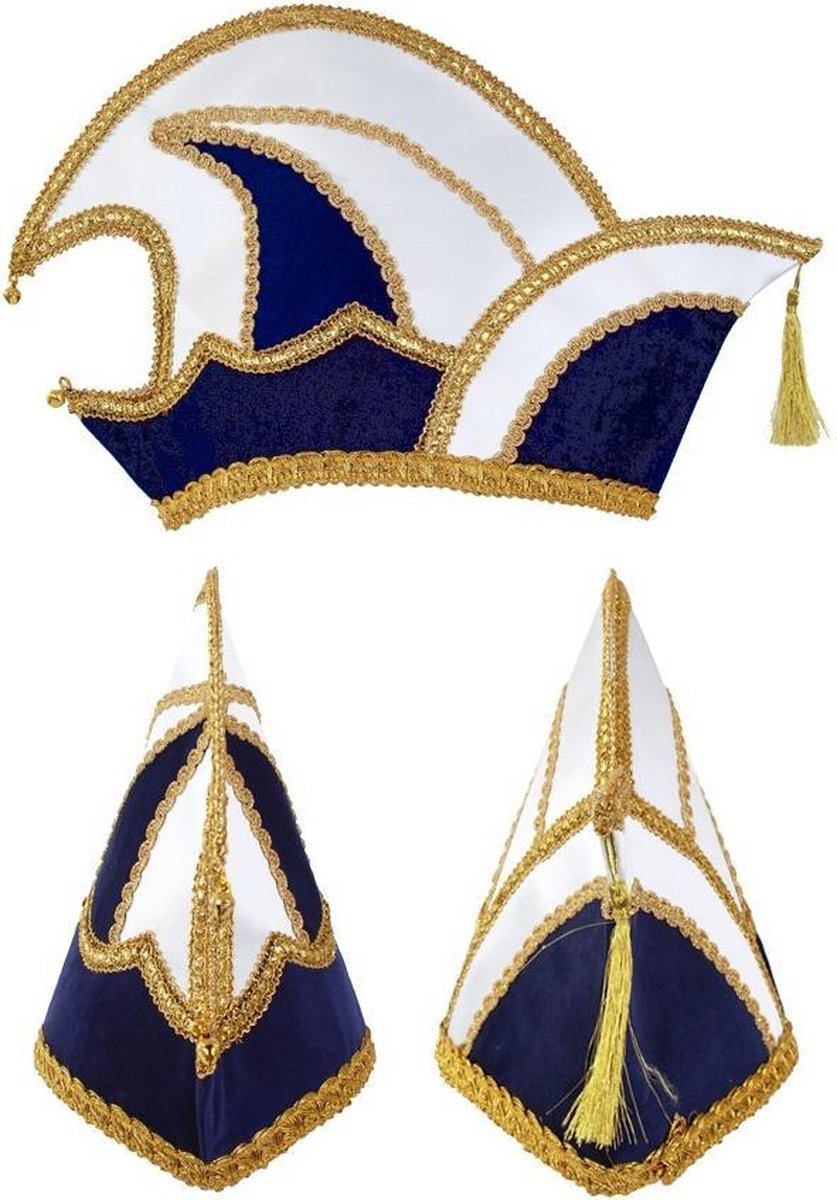 Prins Carnaval steek muts blauw fluweel - prinsenmuts raad van elf goud wit prinsensteek
