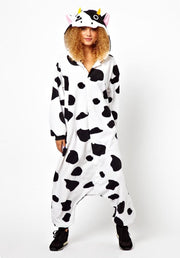 KIMU Onesie koe pak zwart wit gevlekt kostuum - maat XS-S - koeienpak jumpsuit huispak