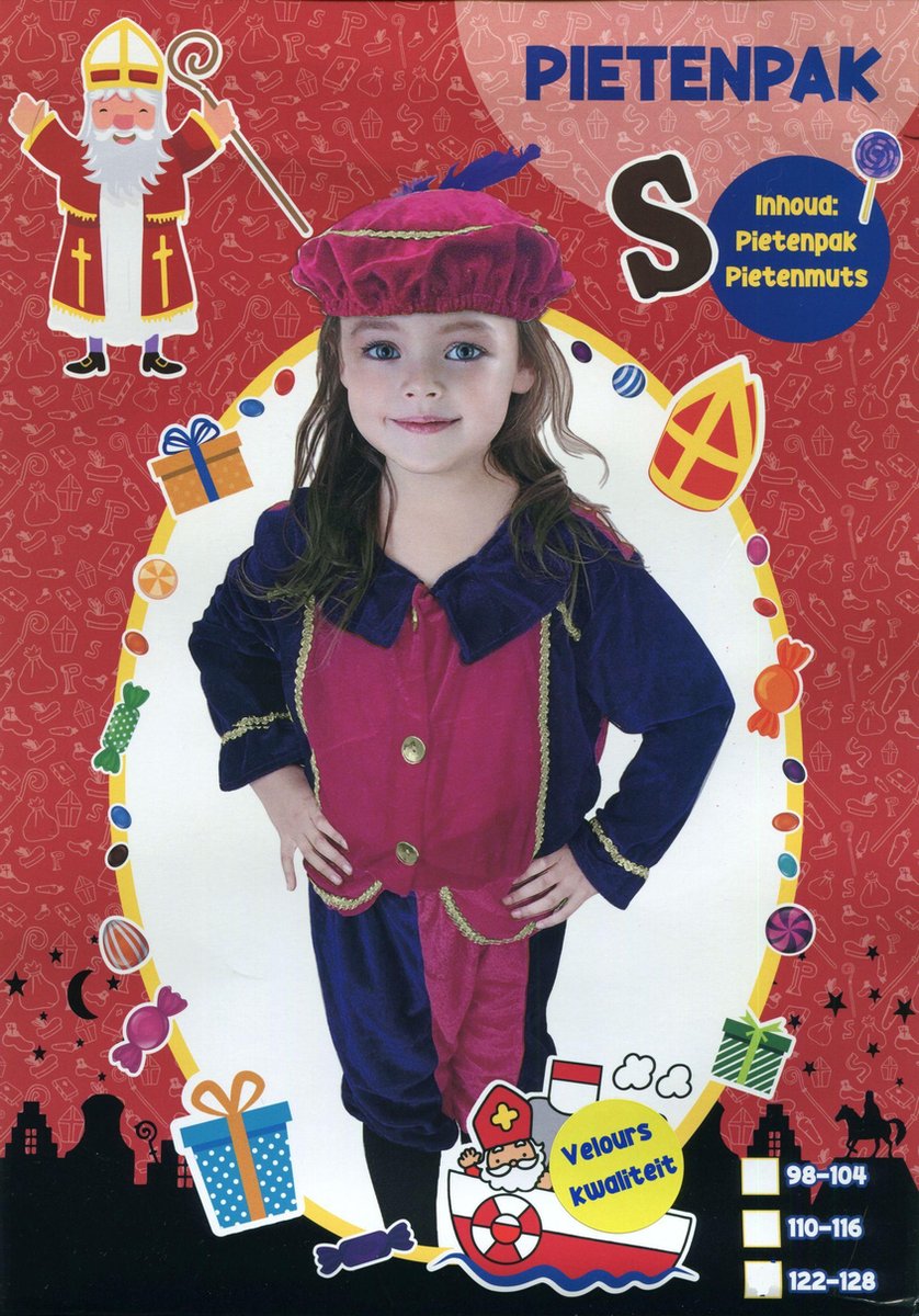 Pietenpak – Velours - Kind – Meisjes - 3 delig - maat 98-104 – Paars / Roze